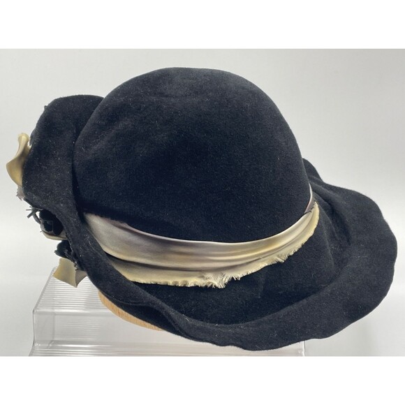 Louise Green Black Wide Brim Hat OS Black Felt with Ombre Ribbon & Bow Handmade main image 7